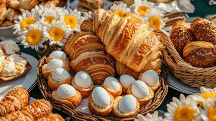 Naklejka premium A table full of pastries and eggs.