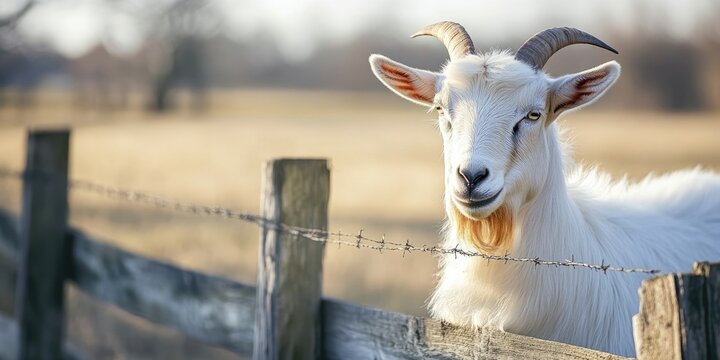 White goat with curved horns near a rustic fence in a rural setting, soft blurred background in warm tones ideal for text overlay.