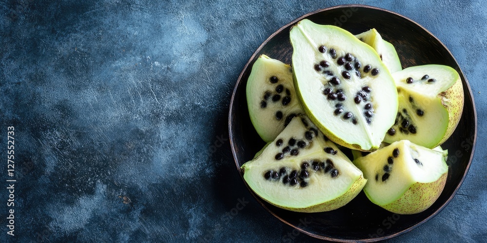 Poster shallow black dish of sliced cherimoya with dark seeds on textured blue background ample copy space 