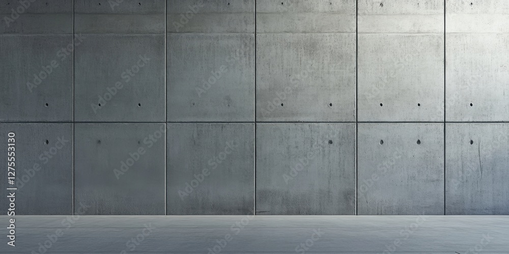 Poster Smooth grey concrete wall background with a seamless texture, featuring uniform square panels and subtle shadowing, ideal for minimalist designs.