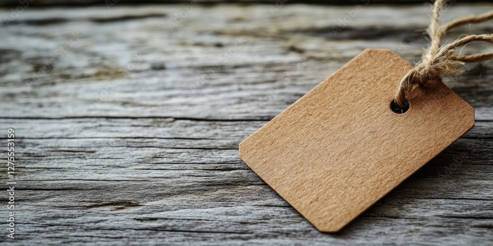 Poster rustic wooden surface with an empty brown price tag positioned on the left side, featuring natural t