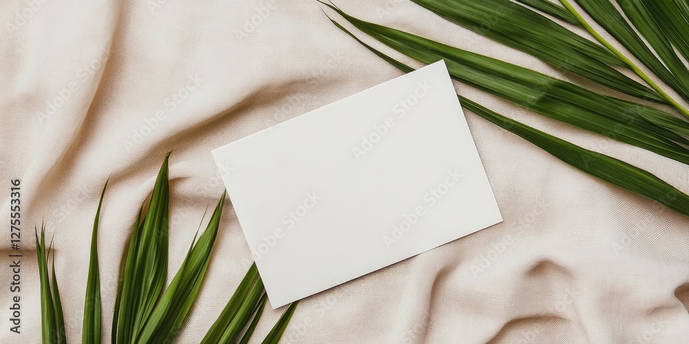 Poster Blank white card on soft beige fabric surrounded by green palm leaves creating a natural and calming flat lay composition.