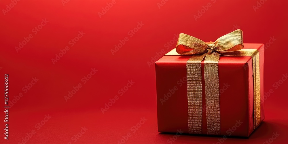 Poster Red gift box with gold ribbon positioned on the right against a solid red backdrop, creating a bright and festive look with ample copy space.