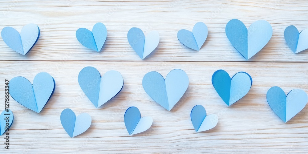 Poster blue paper hearts in various sizes scattered on a light wooden surface creating a soft romantic atmo
