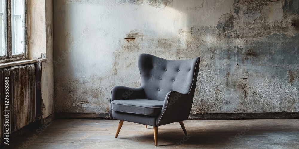 Poster Elegant gray armchair with button tufting set in minimalistic unoccupied room featuring distressed wall and ample copy space on right side