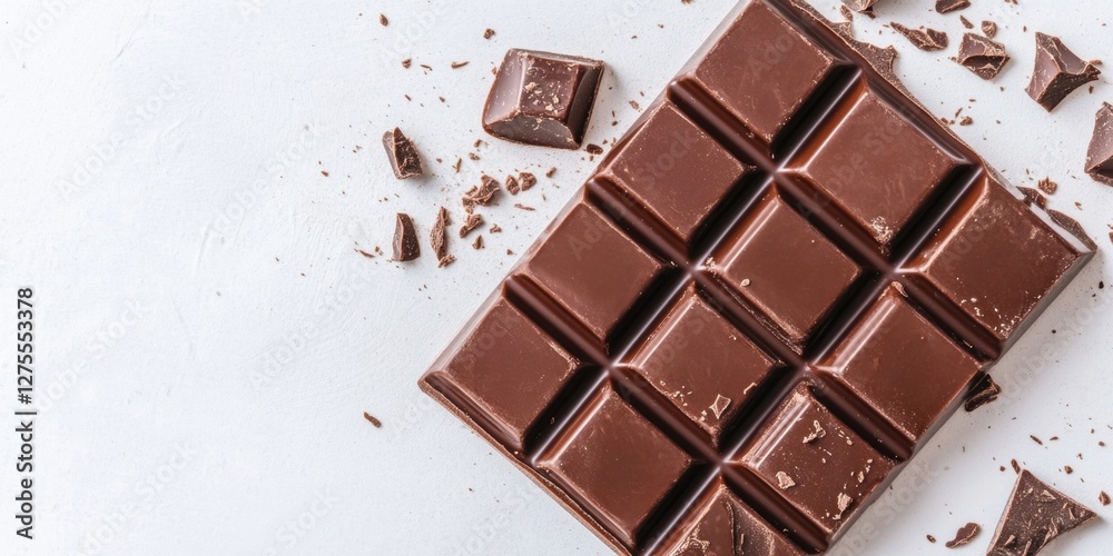 Poster rich dark chocolate bar with pieces scattered on a clean white surface highlighting its smooth textu