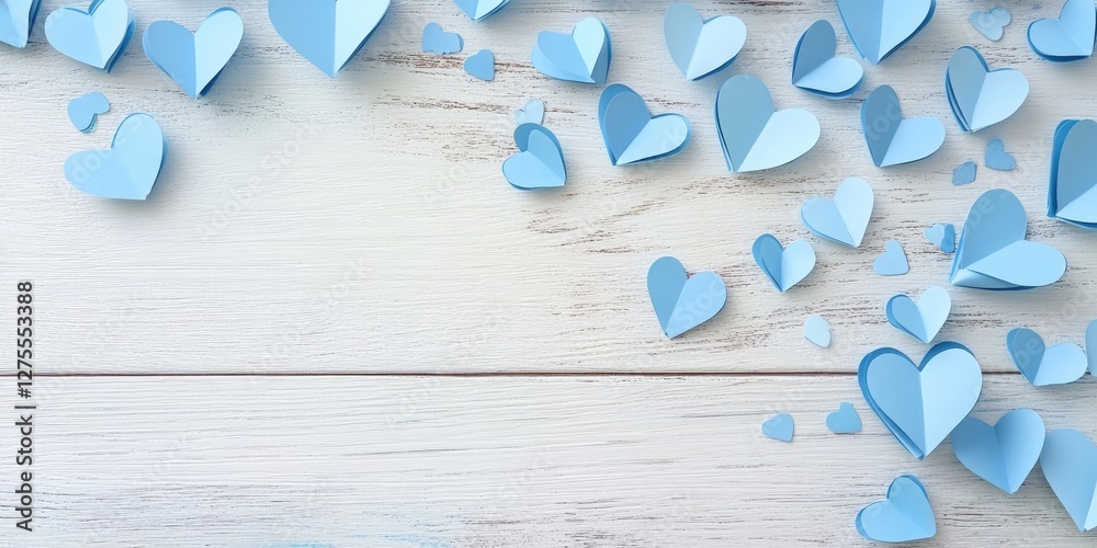 Poster Blue paper hearts scattered on a light wooden surface with various sizes and shades creating a romantic and playful backdrop for celebrations.