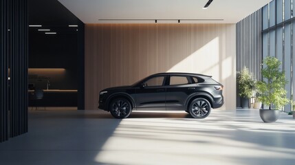 A car dealership showroom with a modern SUV on display in the center. Featuring family-friendly options and spacious interiors