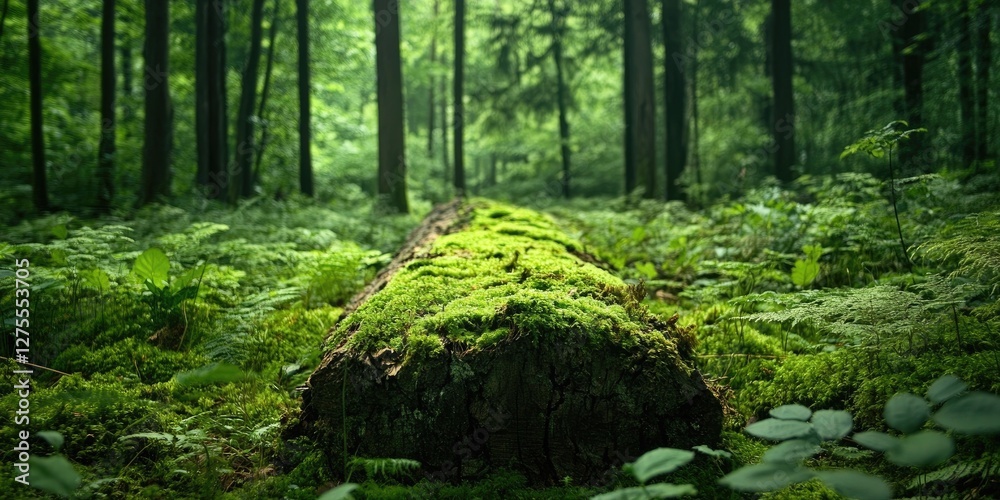 Fototapete Moss-covered log in a serene green forest surrounded by tall trees and lush ferns creating a tranquil natural landscape with soft dappled light