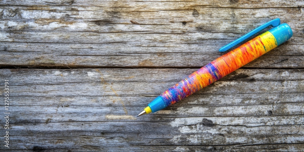 Leinwandbilder vibrant multicolored pen on rustic weathered wooden background with ample copy space, positioned to 