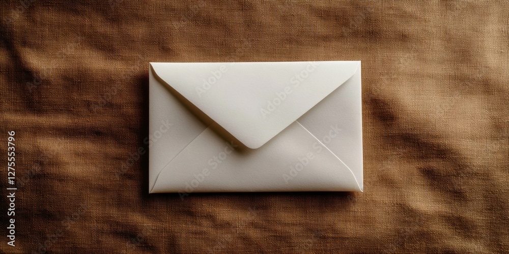 Aufkleber plain white envelope positioned centrally on a textured brown fabric background, conveying simplicit