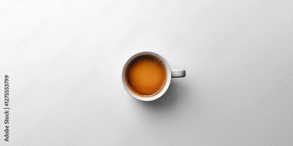 Poster White background with a top view of a white coffee cup filled with warm brown coffee centered in the image creating a minimalistic aesthetic.