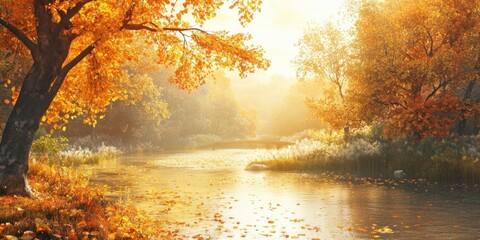 Serene autumn landscape with vibrant orange and yellow leaves by a calm river reflecting soft sunlight in a tranquil setting, perfect for nature themes