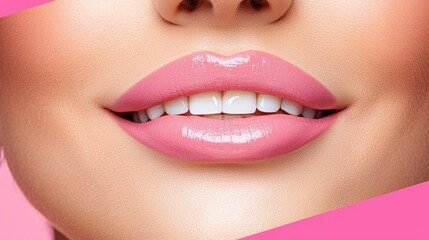 Fototapeta premium Close-Up of Lips: A macro shot of a woman's perfectly sculpted lips, painted with glossy pink lipstick, highlighting the alluring curve of her mouth and showcasing her dazzling white teeth.
