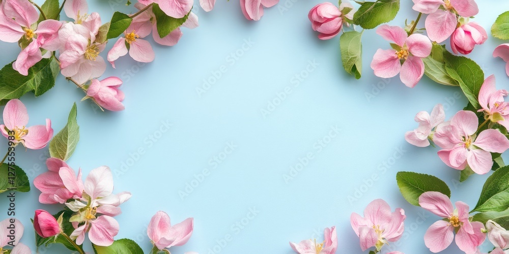 Aufkleber delicate pink apple blossoms frame a soft blue background, creating a serene and inviting atmosphere