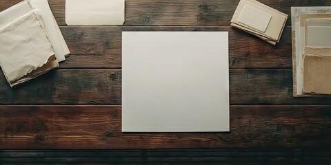 Vintage wooden table background with blank white square paper at center surrounded by aged envelopes and photo stacks in soft neutral tones.