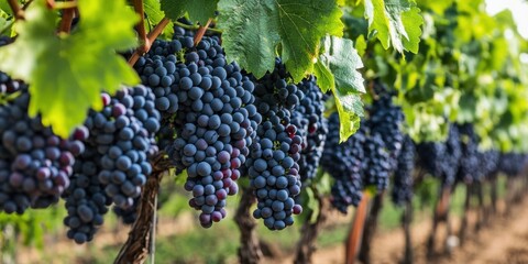 Vibrant clusters of ripe purple wine grapes hang from lush green vines in a sunlit vineyard showcasing agricultural beauty and wine production.