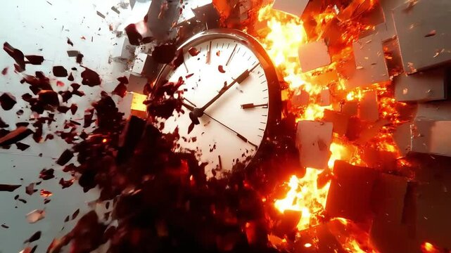 A dramatic explosion of a clock, symbolizing time breaking apart. Fiery destruction with shattered pieces flying in all directions, representing urgency and chaos.