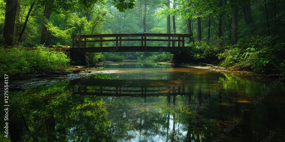 Aufkleber serene wooden bridge over calm creek surrounded by lush green trees and misty atmosphere with reflec