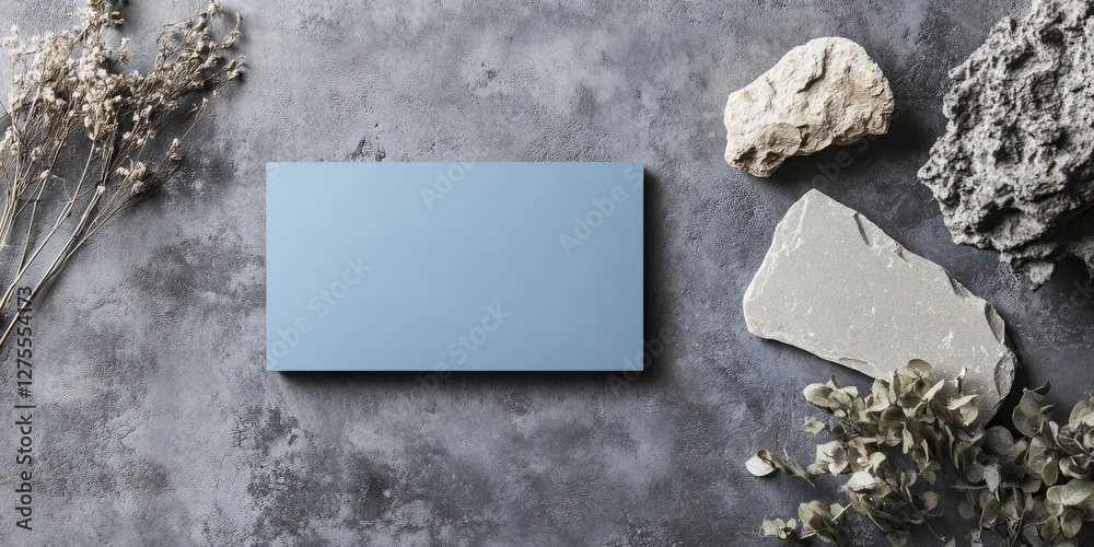 Aufkleber muted blue rectangular panel centered on a textured gray surface surrounded by white stones and drie