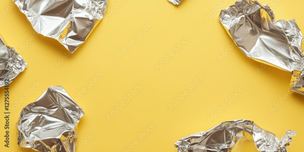 Leinwandbilder Crumpled aluminum foil pieces scattered on a vibrant yellow background creating a playful contrast highlighting texture and color dynamics.