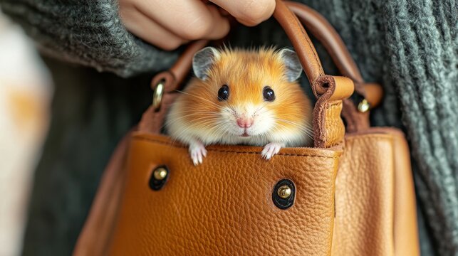 Closeup of Woman's Hand Holding Brown Leather Purse with Pet - Powered by Adobe