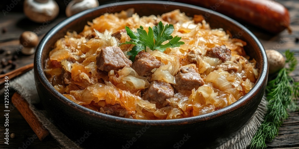 Aufkleber delicious bigos in a rustic bowl topped with fresh parsley set on a wooden table surrounded by mushr