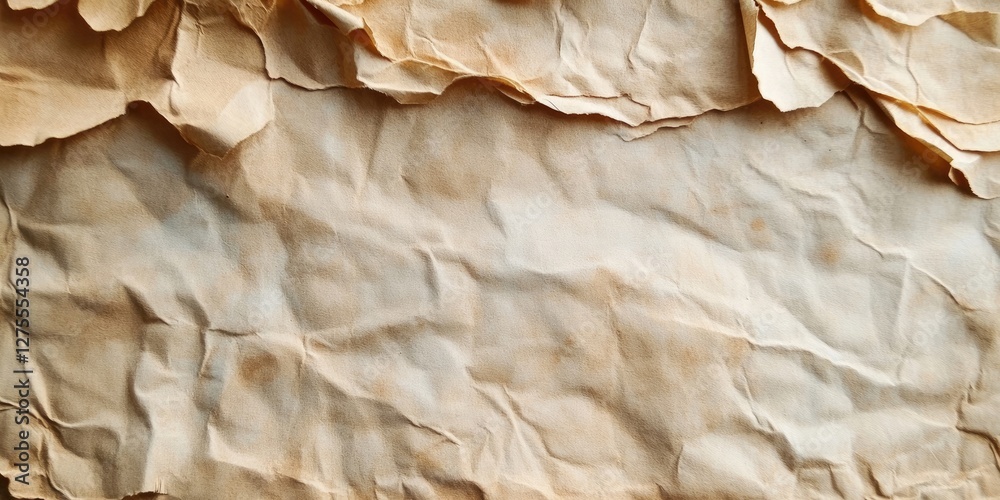 Poster crinkled vintage paper texture in warm beige tones with a soft, layered appearance ideal for backgro