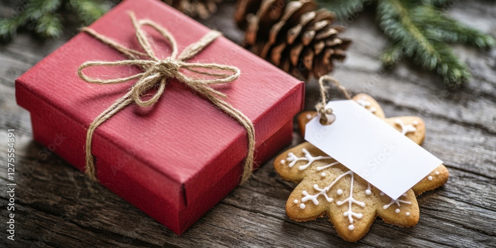 Poster Red gift box tied with twine next to a blank tag and a snowflake cookie on rustic wooden surface, accented by pine cones and greenery.