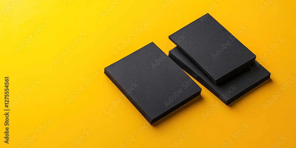 Aufkleber stack of three black notebooks arranged asymmetrically on a vibrant yellow background showcasing a m