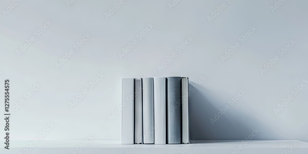 Poster A set of three white books standing upright on a pale gray surface with a minimalistic white background creating an isolated, serene aesthetic.