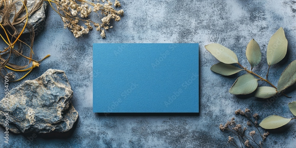 Aufkleber blue rectangular card centered on a textured gray background surrounded by dried flowers, rocks, and