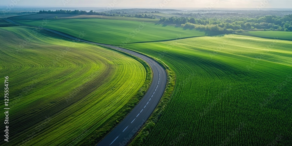 Aufkleber Winding road through lush green fields with gentle hills in the background under soft sunlight creating a tranquil rural landscape scene.