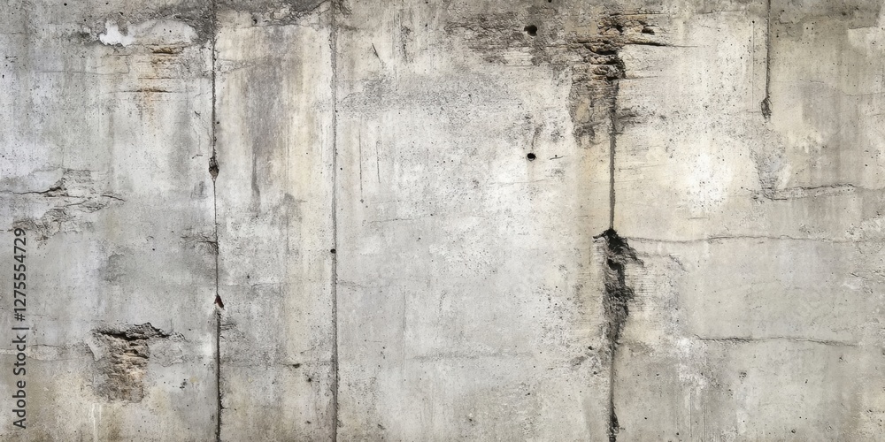 Fototapete Abstract concrete wall texture featuring remnants and marks from wooden formwork in muted gray tones with uneven surface details and cracks.