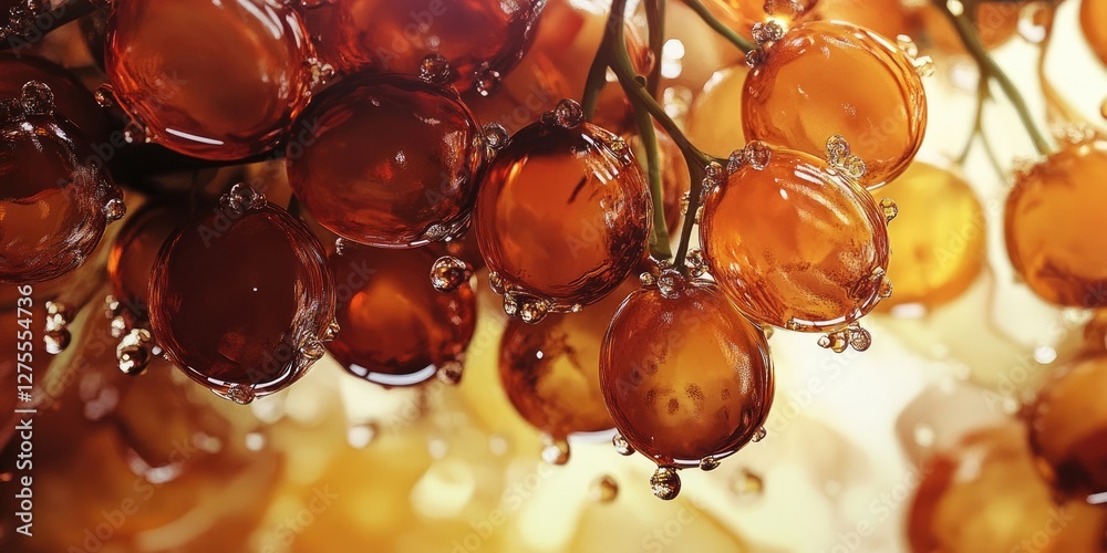 Poster Vibrant cluster of amber-hued dates glistening with droplets against a soft golden background showcasing their richness and texture.