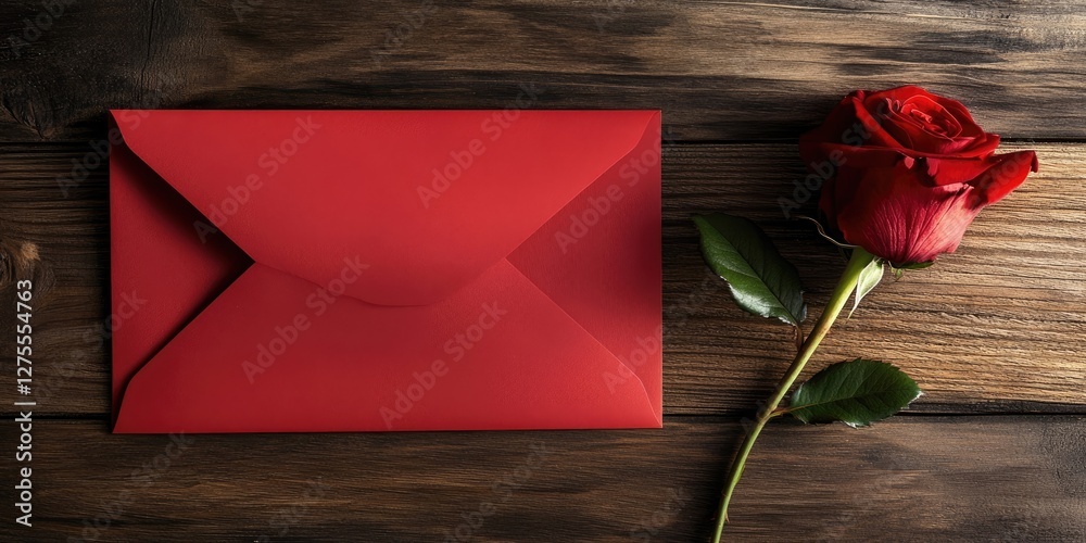 Poster empty red envelope positioned on a rustic wooden surface next to a vibrant red rose showcasing green