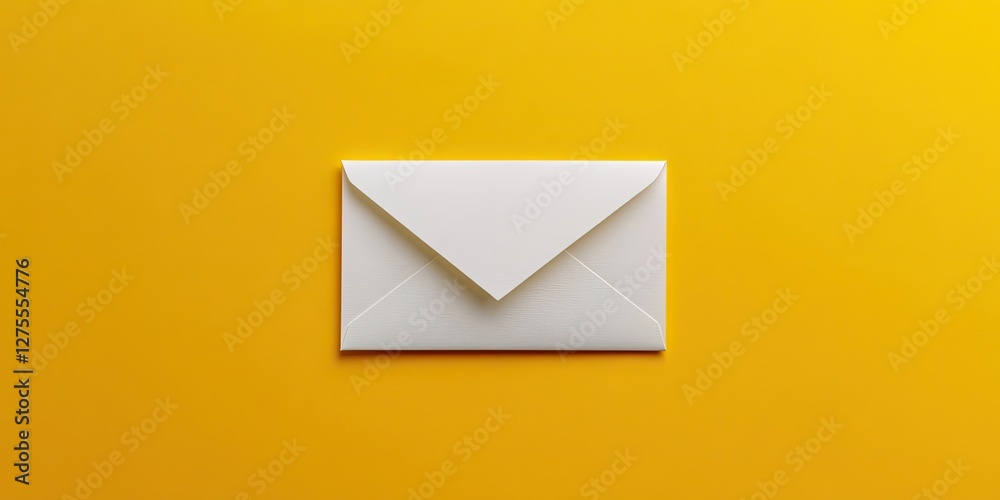 Aufkleber white paper envelope centered on vibrant yellow backdrop, viewed from top perspective, emphasizing c