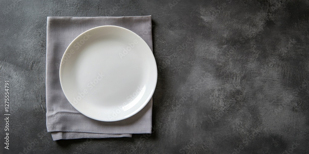 Poster Blank white plate centered on a soft grey napkin against a textured dark backdrop captured from a top view perspective for elegant table setting.