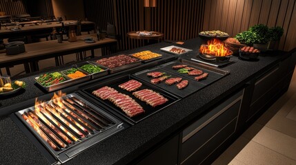 High-end steakhouse hot kitchen with open flame grills, sizzling steaks, and a perfectly clean counter, top-down perspective.