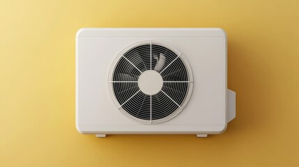High-performance AC unit with a dual compressor system, positioned on a muted mustard yellow background, top-down shot.