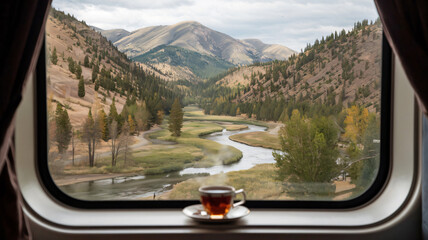Scenic Train Window View with Cup of Tea - Cozy Travel Vibes