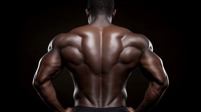 Sculpted Physique: A stunning display of muscular definition and strength is captured in the well-defined back of an athletic man, showcasing peak physical condition.