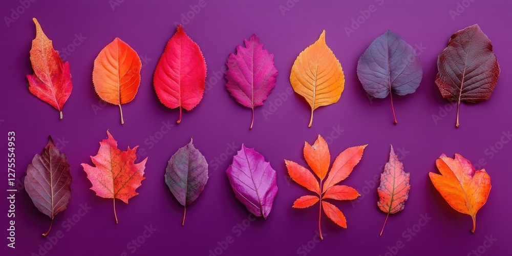 Poster colorful autumn leaves in red orange and purple arranged in a flat lay on a violet background with a