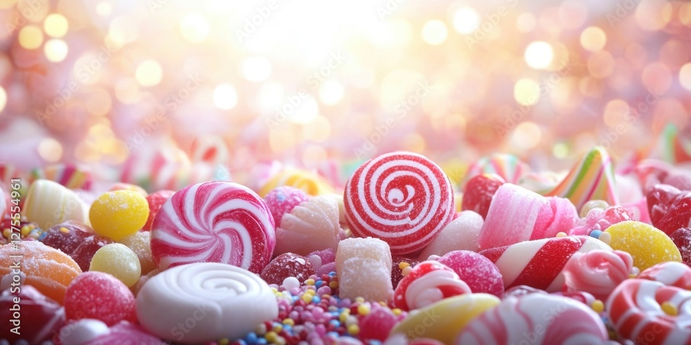 Poster colorful candy assortment on a bright background with soft bokeh lights, featuring swirls, gummies, 