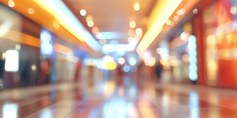 Blurred shopping mall interior with warm orange and yellow lights in the background, emphasizing glossy tiled floor and vibrant bokeh effect.