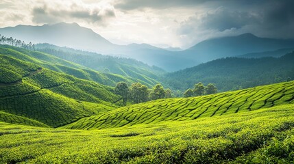 Naklejka premium Verdant Hills of Munnar, Kerala: Scenic Tea Plantation Landscape