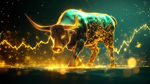 A powerful glowing bull made of golden digital particles, symbolizing stock market growth and bullish trends. A futuristic representation of finance and investment energy.