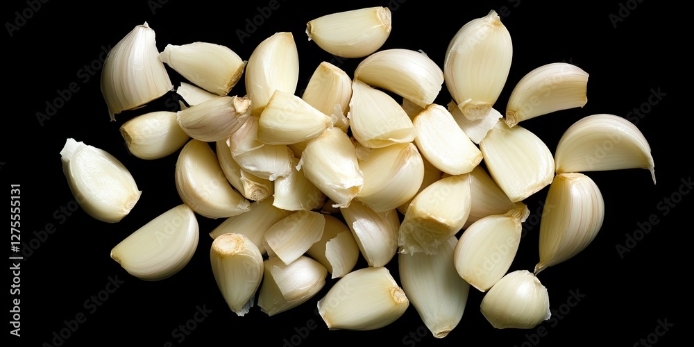 Aufkleber Peeled garlic cloves arranged in a dynamic pile on a black background showcasing varied sizes and textures emphasizing culinary versatility
