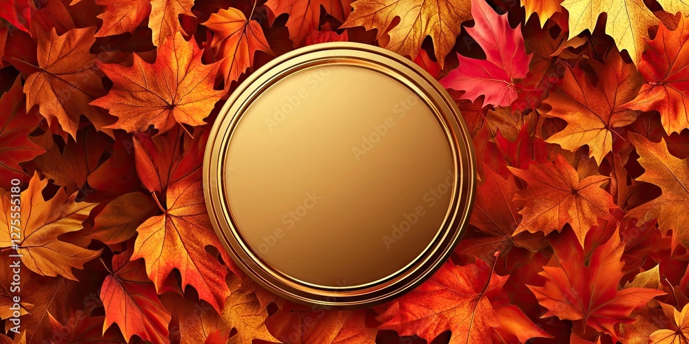 Aufkleber golden circular frame surrounded by vibrant red and orange autumn leaves on a textured background cr