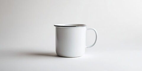 White enamel mug with black rim positioned to the right on a minimalistic white background showcasing clean lines and simplicity